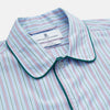 View 2 of product The Blue, Purple & Green Stripe Nightshirt by Turnbull & Asser is a long-sleeved, knee-length traditional nightshirt with a pointed collar, breast pocket with green trim, front buttons, and buttoned cuffs; made in England.