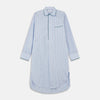 View 1 of product The Blue, Purple & Green Stripe Nightshirt by Turnbull & Asser is a long-sleeved, knee-length traditional nightshirt with a pointed collar, breast pocket with green trim, front buttons, and buttoned cuffs; made in England.