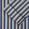 View 3 of product Turnbull & Asser's Blue Multi Stripe Cotton Modern Pyjama Set features a camp collar shirt with white buttons, front pocket, and long sleeves. Both pieces showcase classic blue and beige stripes for a timeless look.