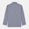 View 5 of product Turnbull & Asser's Blue Multi Stripe Cotton Modern Pyjama Set features a camp collar shirt with white buttons, front pocket, and long sleeves. Both pieces showcase classic blue and beige stripes for a timeless look.