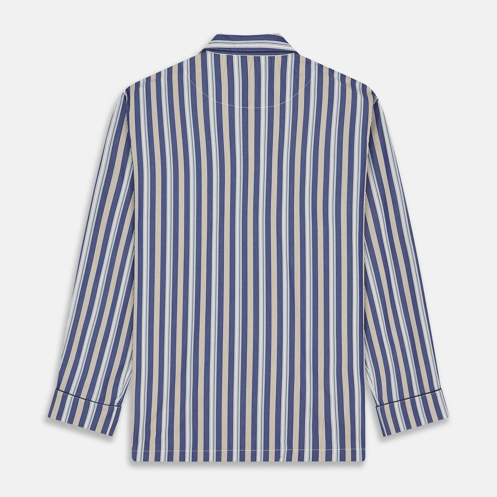 Turnbull & Asser's Blue Multi Stripe Cotton Modern Pyjama Set features a camp collar shirt with white buttons, front pocket, and long sleeves. Both pieces showcase classic blue and beige stripes for a timeless look.