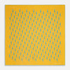 View 1 of product The Turnbull & Asser Yellow & Blue Seahorse Silk Pocket Square features a repeating seahorse pattern in diagonal rows and is handprinted in England, with branding in two corners.