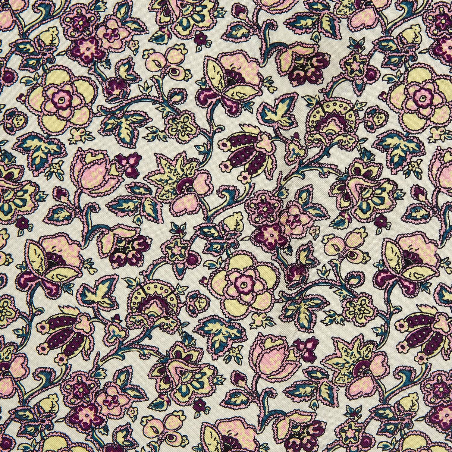 View 2 of product The White Floral Silk Pocket Square by Turnbull & Asser is crafted in England from silk, featuring a floral and paisley design in pink, purple, and gold with a navy border and the "TURNBULL & ASSER" logo in the corner.