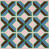 View 2 of product The Pink Multi Crosses Double-Faced Silk Pocket Square by Turnbull & Asser features blue, green, and brown interlocking X-shaped graphics on light pink, with OSINACHI X CJANGO and TURNBULL & ASSER printed at the corners.