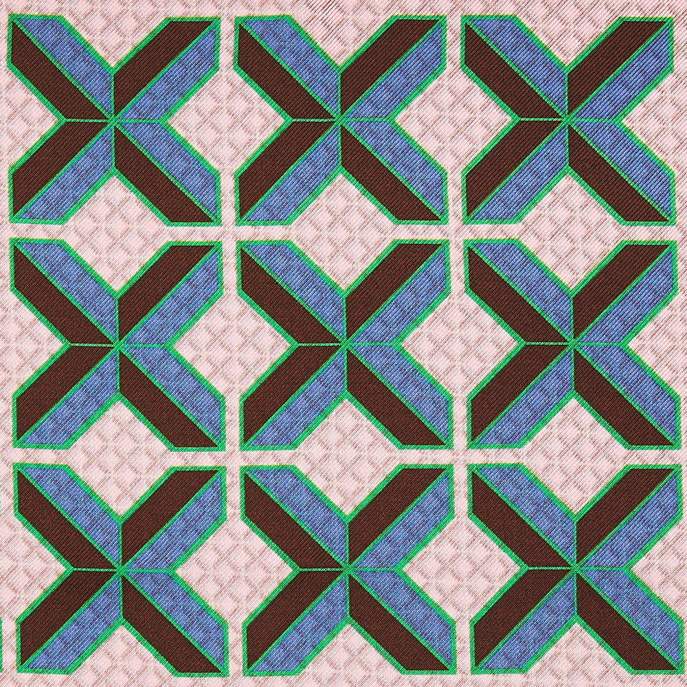 The Pink Multi Crosses Double-Faced Silk Pocket Square by Turnbull & Asser features blue, green, and brown interlocking X-shaped graphics on light pink, with OSINACHI X CJANGO and TURNBULL & ASSER printed at the corners.