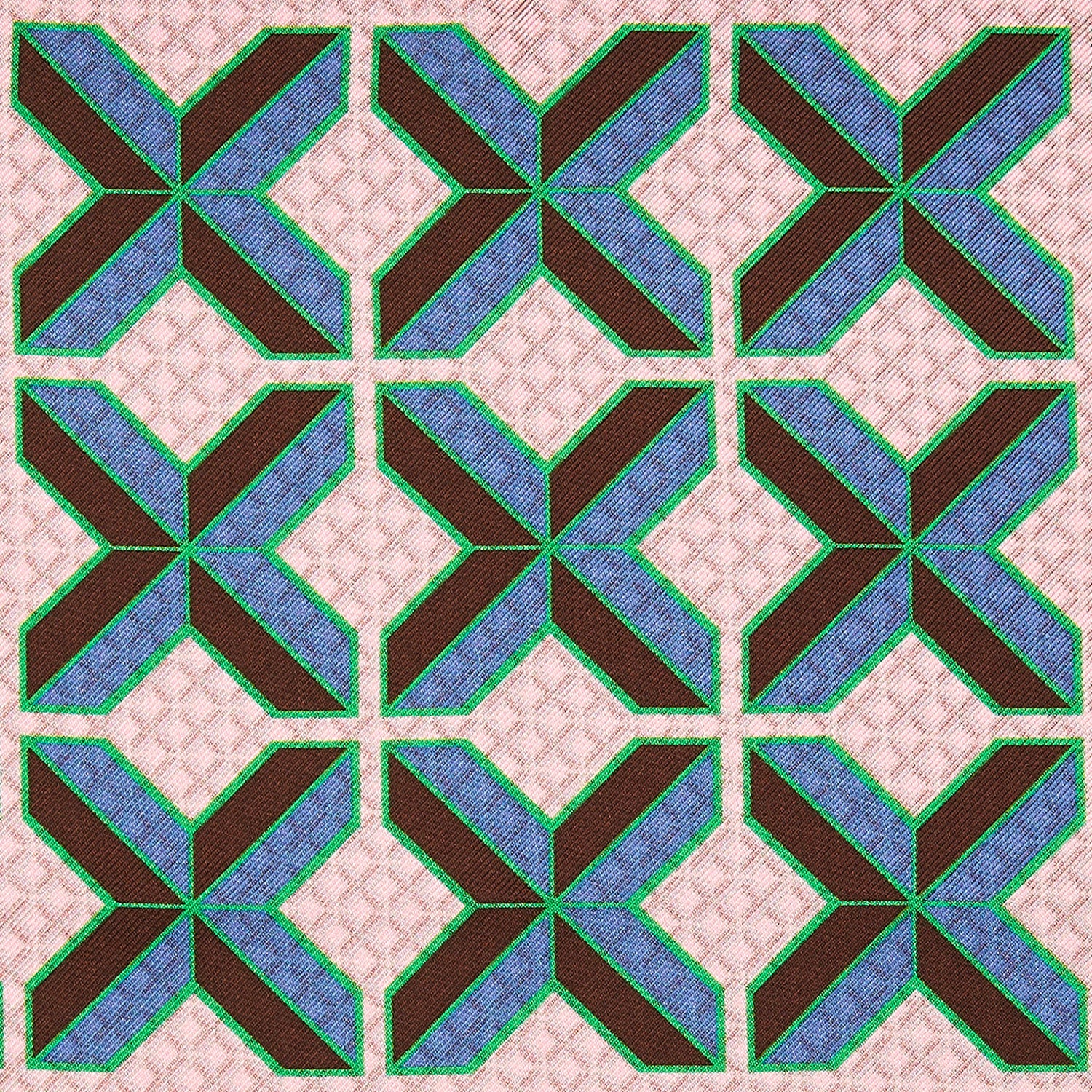 View 2 of product The Pink Multi Crosses Double-Faced Silk Pocket Square by Turnbull & Asser features blue, green, and brown interlocking X-shaped graphics on light pink, with OSINACHI X CJANGO and TURNBULL & ASSER printed at the corners.