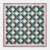View 1 of product The Pink Multi Crosses Double-Faced Silk Pocket Square by Turnbull & Asser features blue, green, and brown interlocking X-shaped graphics on light pink, with OSINACHI X CJANGO and TURNBULL & ASSER printed at the corners.