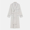View 1 of product The Turnbull & Asser Brown Multi Check Cotton-Cashmere Gown features a shawl collar, front pocket, matching belt, and dark piping on the edges, sleeves, and pocket. Made in England and shown on a plain white background.