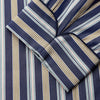 View 4 of product The Turnbull & Asser Blue Multi Stripe Cotton Gown features blue and white vertical stripes, long sleeves, a shawl collar, front pockets, and a matching waist tie, shown on a plain white background.