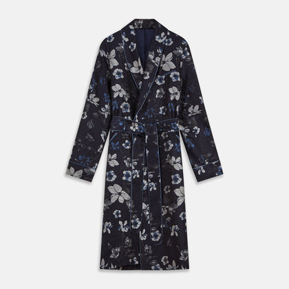 Navy Floral Silk Jacquard Pierce Gown