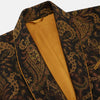 View 2 of product The Turnbull & Asser Gold Multi Floral Cotton, Wool & Silk Jacquard Pierce Gown features a shawl collar, matching belt, golden lining, and an elegant floral pattern in luxurious black, gold, and brown tones.