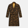 View 1 of product The Turnbull & Asser Gold Multi Floral Cotton, Wool & Silk Jacquard Pierce Gown features a shawl collar, matching belt, golden lining, and an elegant floral pattern in luxurious black, gold, and brown tones.
