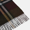 View 2 of product The Turnbull & Asser Dark Green Multi Check Cashmere Wilde Stole Scarf features a large plaid pattern in dark green, brown, black, and beige with fringed ends. Made in Scotland, it is shown against a white background.