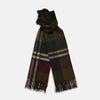 View 1 of product The Turnbull & Asser Dark Green Multi Check Cashmere Wilde Stole Scarf features a large plaid pattern in dark green, brown, black, and beige with fringed ends. Made in Scotland, it is shown against a white background.
