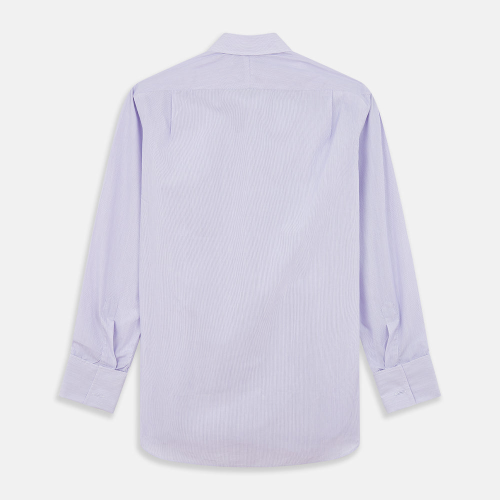 The Turnbull & Asser Purple Hairline Stripe Regular Fit Twill Shirt features a T&A collar, double cuffs, long sleeves, and white buttons, shown laid flat on a white background.