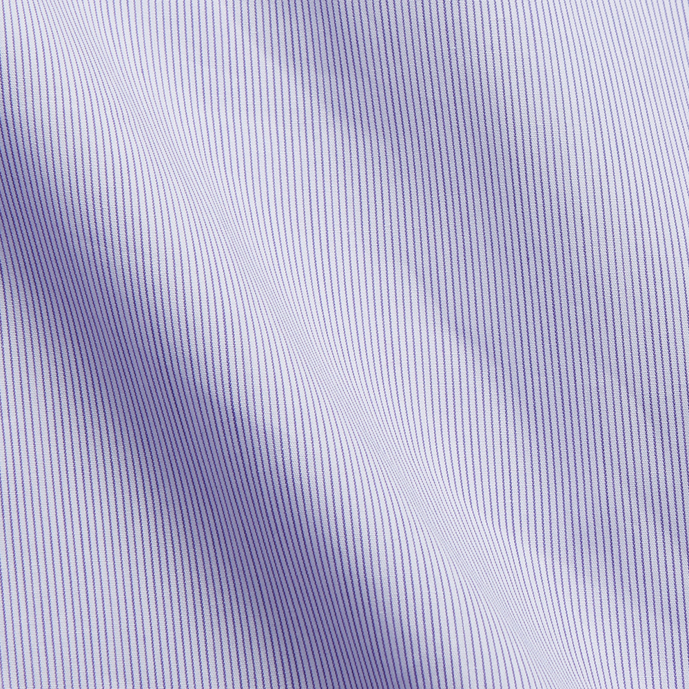 The Turnbull & Asser Purple Hairline Stripe Regular Fit Twill Shirt features a T&A collar, double cuffs, long sleeves, and white buttons, shown laid flat on a white background.