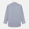 View 5 of product Turnbull & Asser's Navy Multi Check Regular Fit Shirt features a T&A collar, 3 button cuffs, and a blue and white plaid pattern, crafted from Italian cotton poplin with long sleeves and shown on a plain white background.