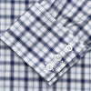 View 3 of product Turnbull & Asser's Navy Multi Check Regular Fit Shirt features a T&A collar, 3 button cuffs, and a blue and white plaid pattern, crafted from Italian cotton poplin with long sleeves and shown on a plain white background.