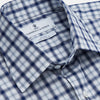 View 2 of product Turnbull & Asser's Navy Multi Check Regular Fit Shirt features a T&A collar, 3 button cuffs, and a blue and white plaid pattern, crafted from Italian cotton poplin with long sleeves and shown on a plain white background.