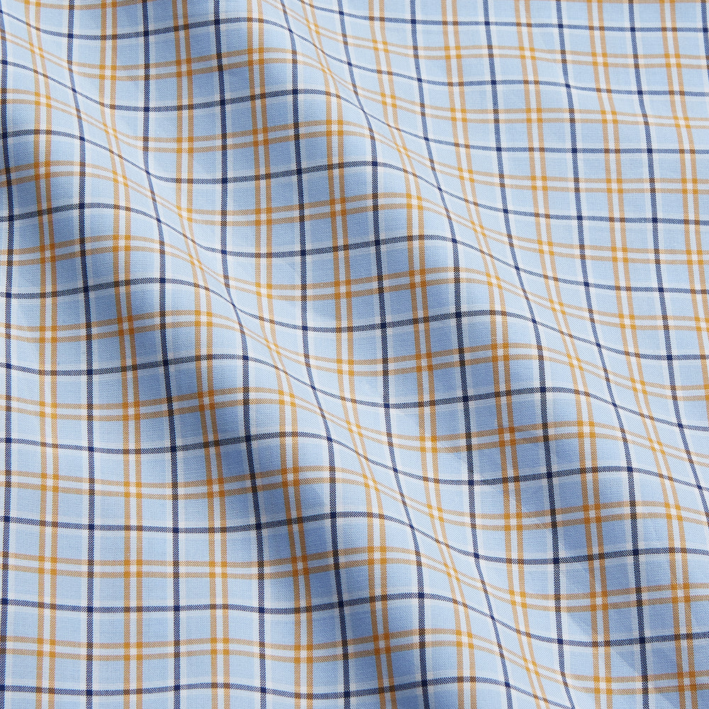 Turnbull & Asser Blue, Orange & Navy Check Regular Fit Shirt features a T&A collar and 3 button cuffs, made from Italian cotton poplin, shown flat on a white background.