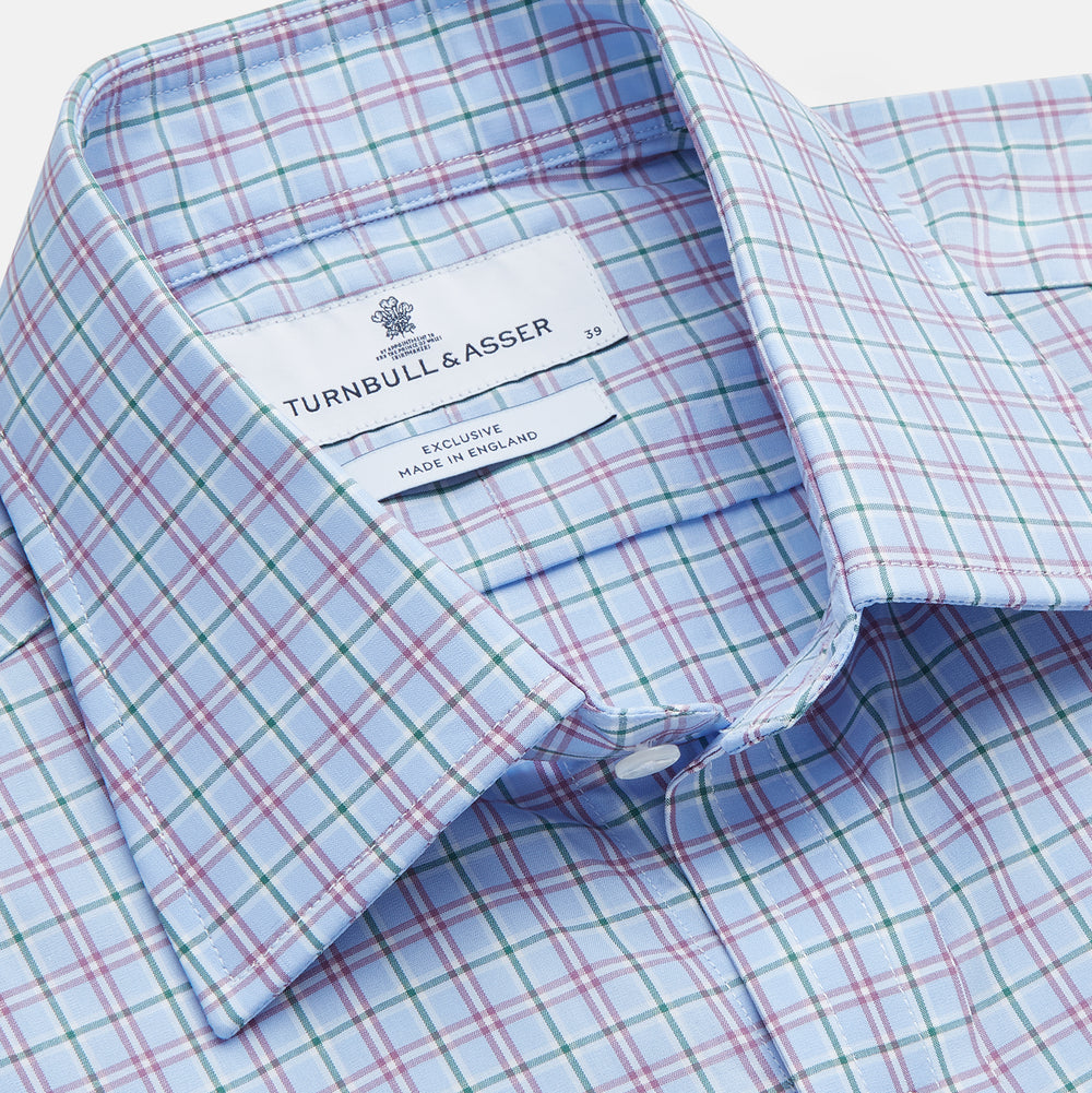 Turnbull & Asser’s Blue, Purple & Green Check Regular Fit Shirt features a T&A collar and 3 button cuffs, shown on a white background.
