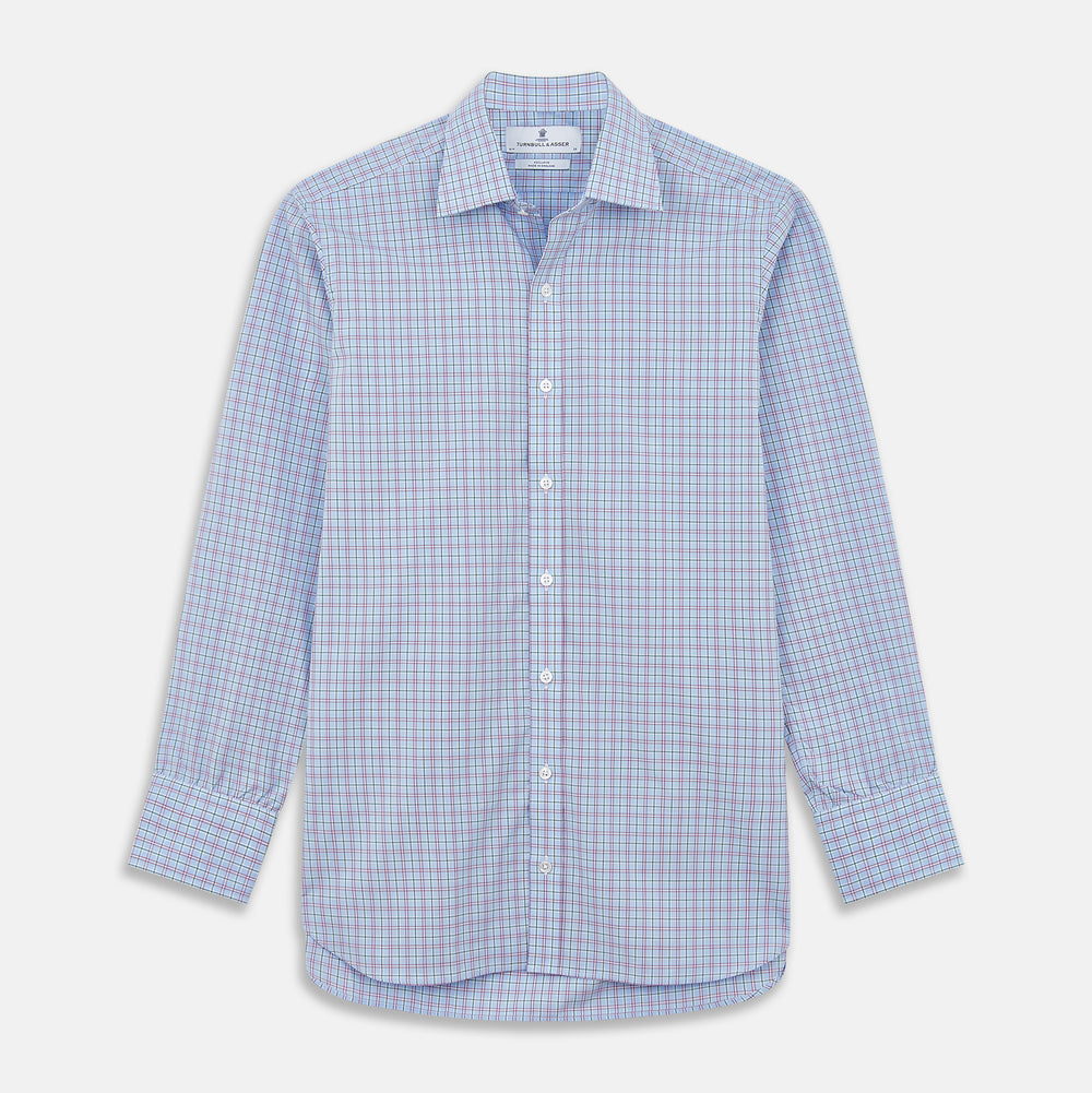 Turnbull & Asser’s Blue, Purple & Green Check Regular Fit Shirt features a T&A collar and 3 button cuffs, shown on a white background.