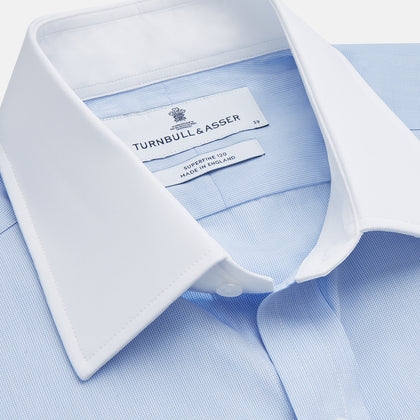 Mid Blue Micro-Check Regular Fit Shirt with White T&A Collar and Double Cuffs Image 2