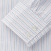 View 3 of product The Turnbull & Asser Blue Multi Stripe Tailored Fit Shelton Shirt features a Kent collar and thin blue and gray vertical stripes on white. This long-sleeve, button-down is displayed neatly against a plain white background.