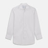 View 1 of product The Turnbull & Asser Blue Multi Stripe Tailored Fit Shelton Shirt features a Kent collar and thin blue and gray vertical stripes on white. This long-sleeve, button-down is displayed neatly against a plain white background.