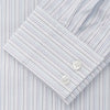 View 3 of product The Turnbull & Asser Purple Multi Stripe Tailored Fit Shelton Shirt features a Kent collar and buttoned cuffs, with a vertical pinstripe pattern, displayed flat on a white surface.