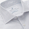 View 2 of product The Turnbull & Asser Purple Multi Stripe Tailored Fit Shelton Shirt features a Kent collar and buttoned cuffs, with a vertical pinstripe pattern, displayed flat on a white surface.