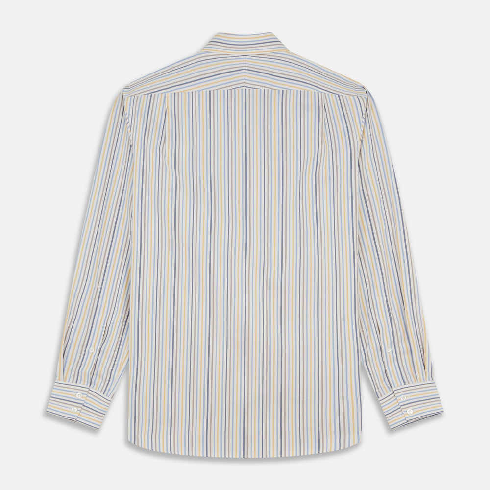 Turnbull & Asser’s Yellow Multi Stripe Tailored Fit Shirt features a Kent collar, blue, yellow, and white stripes on a light background, 2-button cuffs, and a curved hem for a refined look.