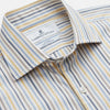 View 2 of product Turnbull & Asser’s Yellow Multi Stripe Tailored Fit Shirt features a Kent collar, blue, yellow, and white stripes on a light background, 2-button cuffs, and a curved hem for a refined look.