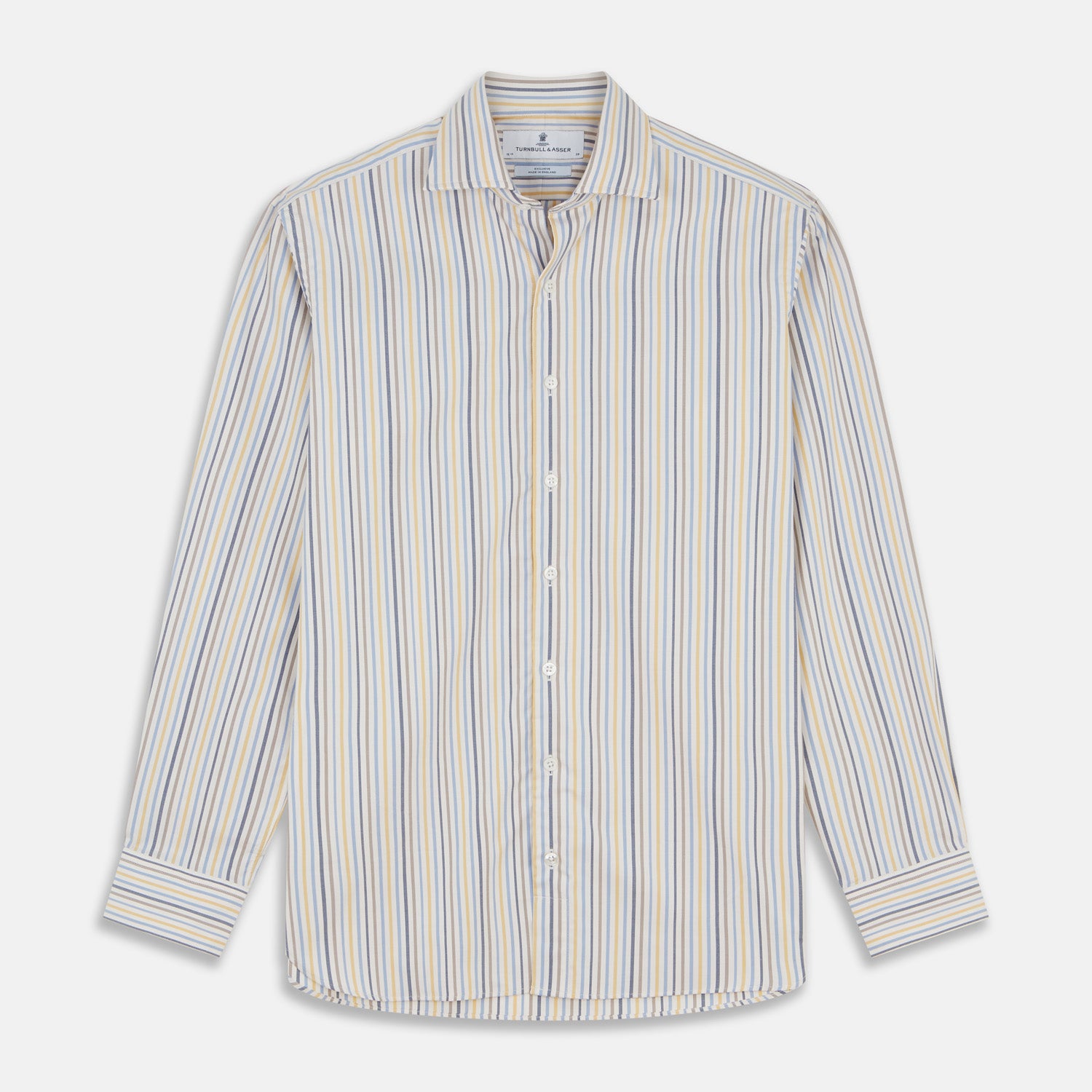 View 1 of product Turnbull & Asser’s Yellow Multi Stripe Tailored Fit Shirt features a Kent collar, blue, yellow, and white stripes on a light background, 2-button cuffs, and a curved hem for a refined look.