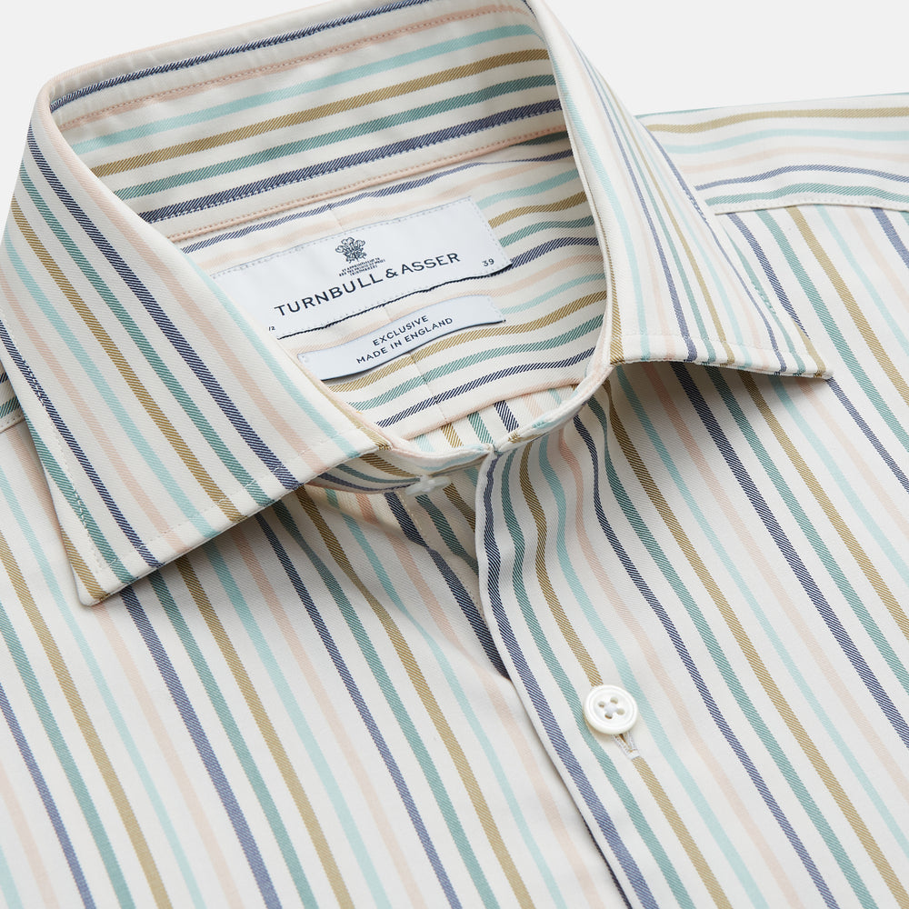 The Turnbull & Asser Green Multi Stripe Tailored Fit Shirt features a Kent collar, 2-button cuffs, and vibrant multicolored stripes, shown flat against a white background.