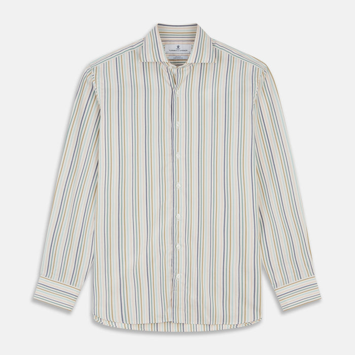 Green Multi Stripe Tailored Fit Shirt with Kent Collar and 2 Button Cuffs