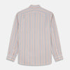 View 5 of product The Turnbull & Asser Burgundy Multi Stripe Tailored Fit Shirt features a Kent collar and 2 button cuffs, with vertical stripes on a light background. The shirt is neatly laid flat on a white surface.