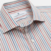 View 2 of product The Turnbull & Asser Burgundy Multi Stripe Tailored Fit Shirt features a Kent collar and 2 button cuffs, with vertical stripes on a light background. The shirt is neatly laid flat on a white surface.