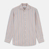 View 1 of product The Turnbull & Asser Burgundy Multi Stripe Tailored Fit Shirt features a Kent collar and 2 button cuffs, with vertical stripes on a light background. The shirt is neatly laid flat on a white surface.