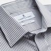 View 2 of product The Turnbull & Asser Grey & White Stripe Weekend Fit Shirt features a Derby collar, 1-button cuffs, and chest pocket—ideal for casual weekends. Shown on a plain white background.