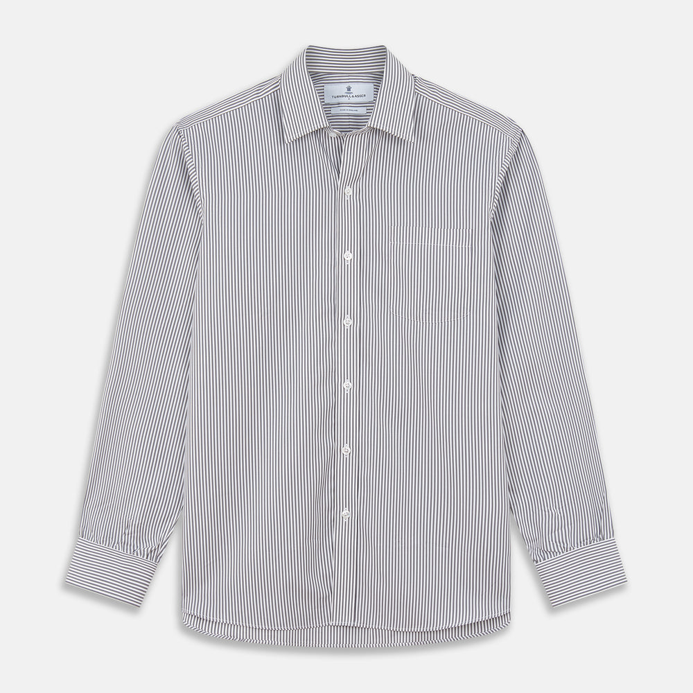 Grey & White Stripe Weekend Fit Shirt with Derby Collar and 1 Button Cuffs