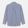 View 5 of product The Turnbull & Asser Navy & White Stripe Weekend Fit Shirt features a Derby collar, 1-button cuffs, front chest pocket, vertical stripes, and white buttons. Displayed flat on a white background.
