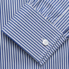 View 3 of product The Turnbull & Asser Navy & White Stripe Weekend Fit Shirt features a Derby collar, 1-button cuffs, front chest pocket, vertical stripes, and white buttons. Displayed flat on a white background.