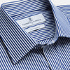 View 2 of product The Turnbull & Asser Navy & White Stripe Weekend Fit Shirt features a Derby collar, 1-button cuffs, front chest pocket, vertical stripes, and white buttons. Displayed flat on a white background.