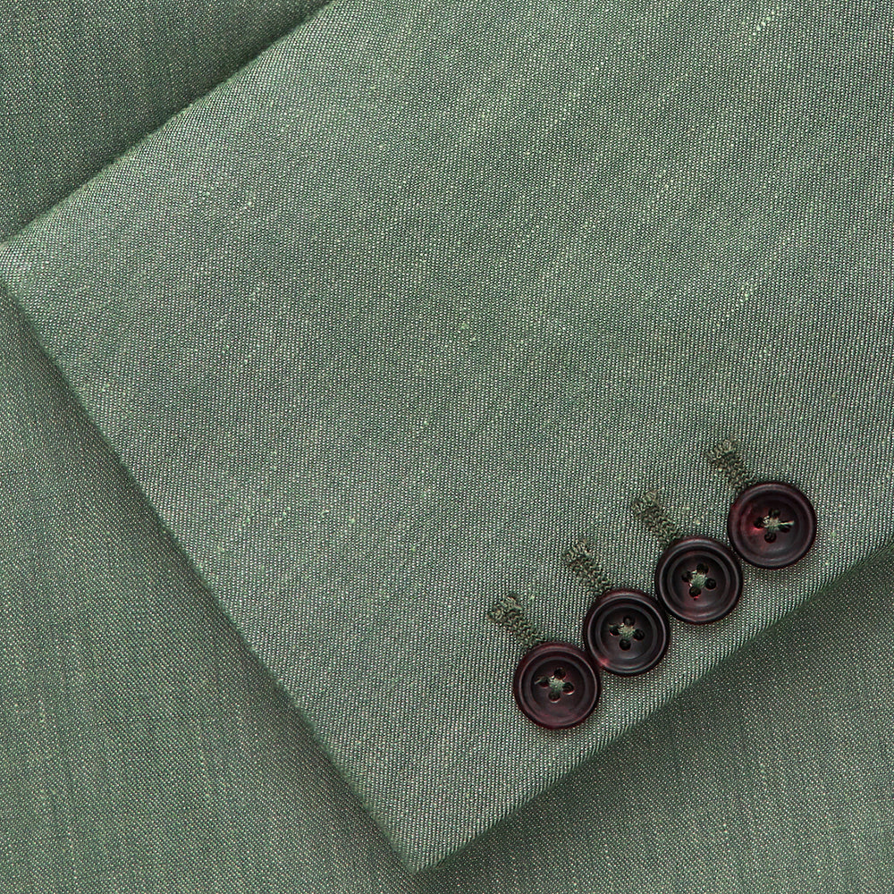 The Turnbull & Asser Green Wool and Linen Blend Barrington Blazer features a single-breasted design, notched lapel, two buttons, three front pockets, brown lining, and is shown on a plain white background.