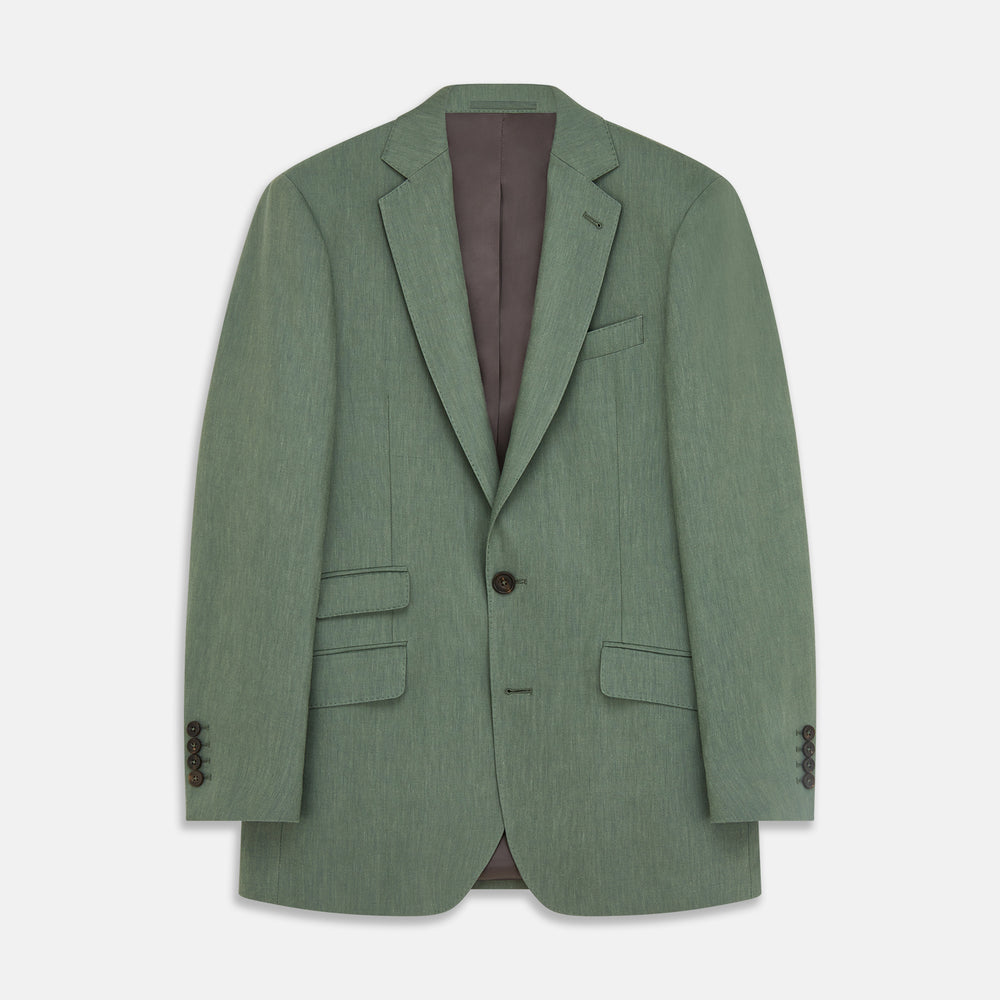 The Turnbull & Asser Green Wool and Linen Blend Barrington Blazer features a single-breasted design, notched lapel, two buttons, three front pockets, brown lining, and is shown on a plain white background.