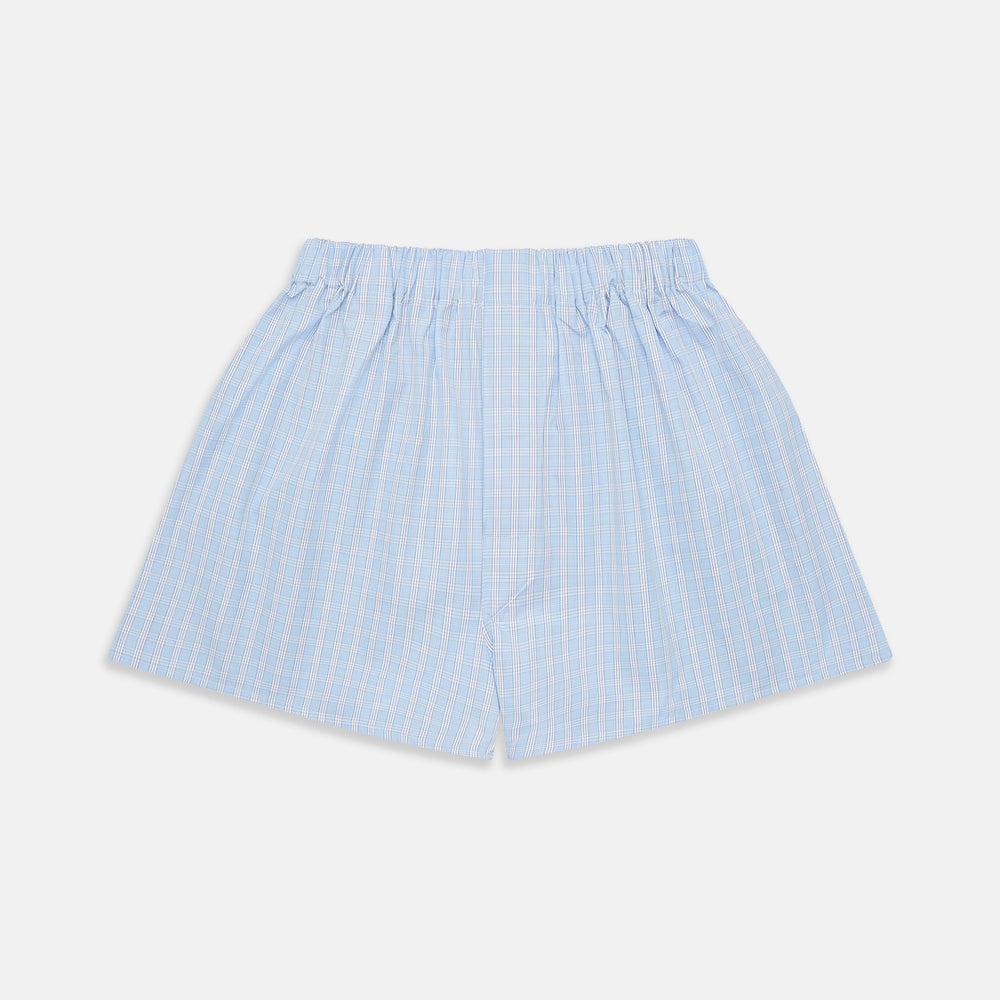 Blue and white check cotton RE-PURPOSE Godfrey Boxers by Turnbull & Asser, made from recycled fabrics, shown flat on a white background with an elastic waistband.