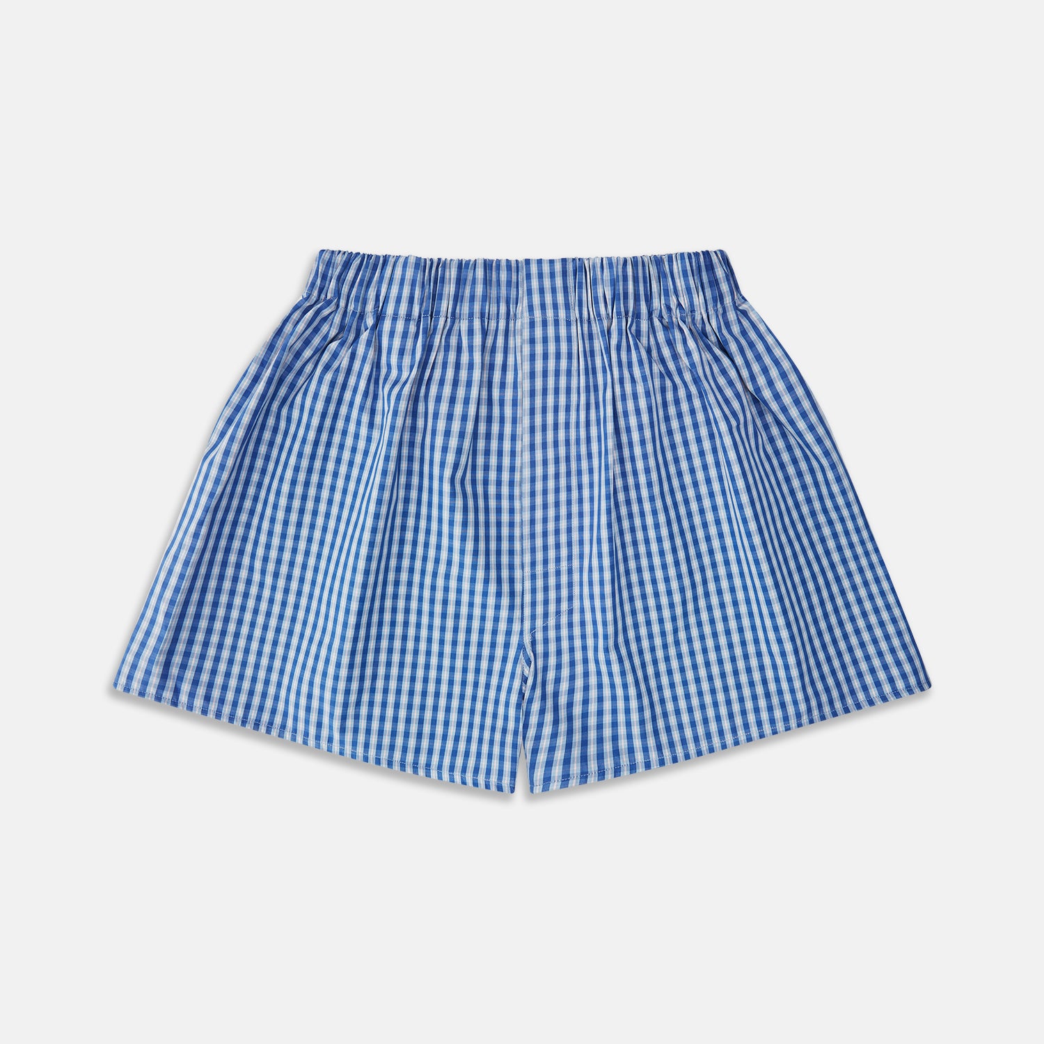 View 1 of product Turnbull & Asser Navy Multi Cotton Godfrey Boxers feature blue and white checks, an elastic waistband, and are shown flat on a white background—ideal for those seeking luxurious men’s underwear.