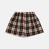 View 1 of product The Black Multi Check Linen Blend Godfrey Boxer Shorts by Turnbull & Asser feature an elastic waistband and a pattern of black, white, red, and beige checks. These luxury underwear essentials are displayed flat on a white background.