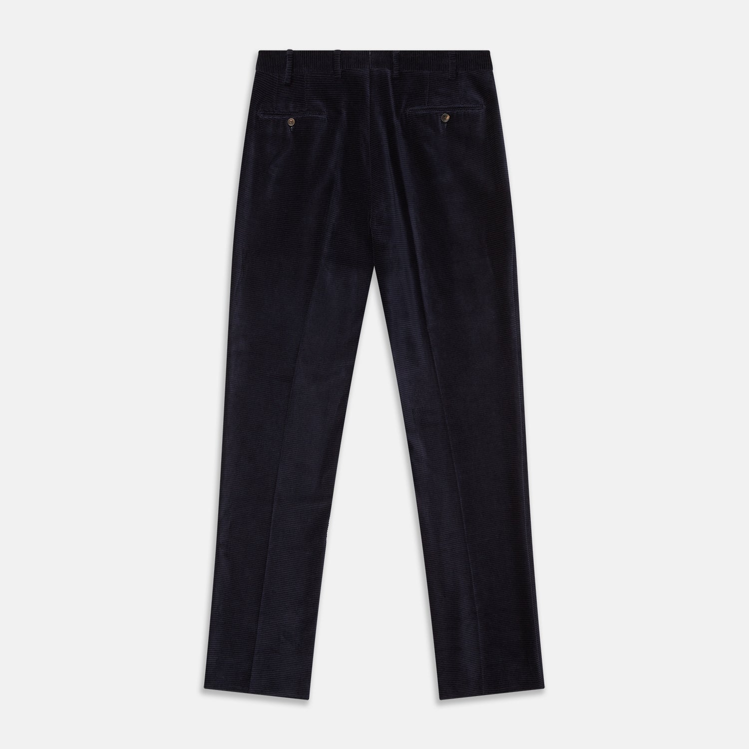 View 4 of product A pair of Turnbull & Asser Navy Horizontal Cord Nolan Trousers featuring a straight-leg fit, button and zip closure, front pleats, and classic horizontal cord texture, laid flat on a white background.